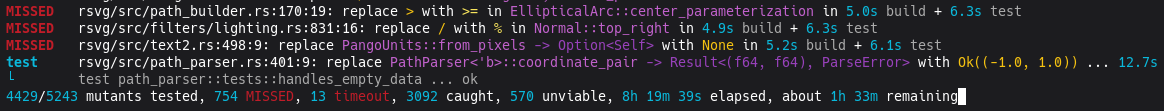 The running output of cargo-mutants on the librsvg